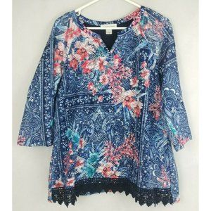 Christopher & Banks 3/4 Sleeve Blue Blouse With Colorful Floral Design Size L